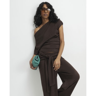 Brown Banded Hem Drape Top