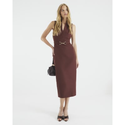 Brown Belted Collar Midi Dress