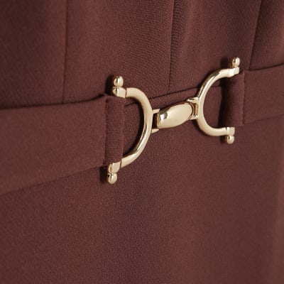 Brown Belted Collar Midi Dress