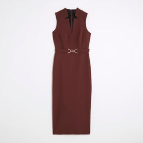 Brown Belted Collar Midi Dress