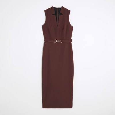 Brown Belted Collar Midi Dress