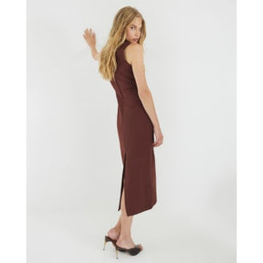Brown Belted Collar Midi Dress