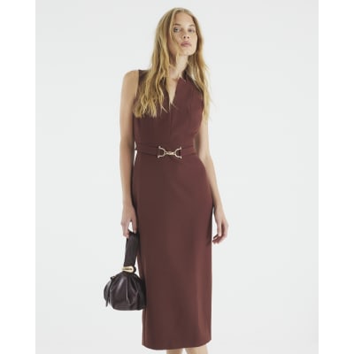 Brown Belted Collar Midi Dress