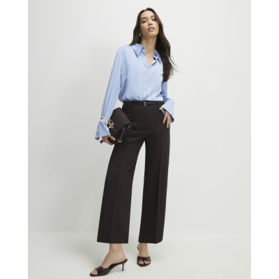 Brown Belted Cropped Wide Leg Trousers