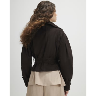Brown Belted Faux Suede Cropped Trench Jacket