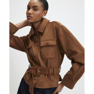 Brown Belted Faux Suede Jacket