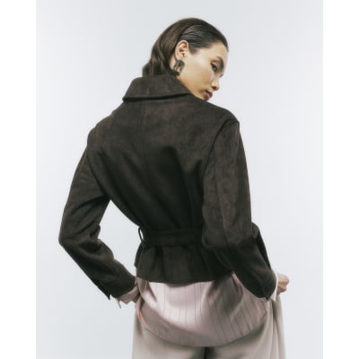 Brown Belted Faux Suede Jacket