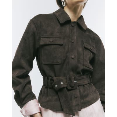 Brown Belted Faux Suede Jacket
