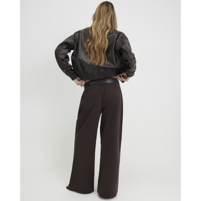 Brown Belted Pleated Wide Leg Jeans