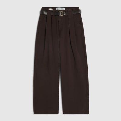Brown Belted Pleated Wide Leg Jeans