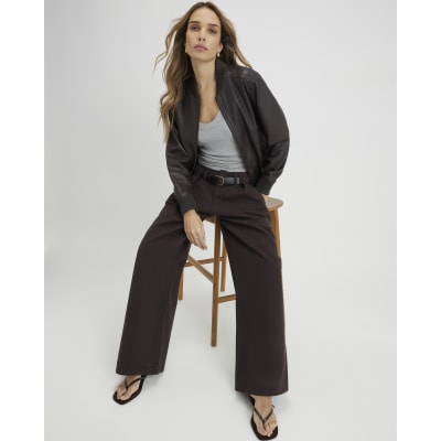 Brown Belted Pleated Wide Leg Jeans