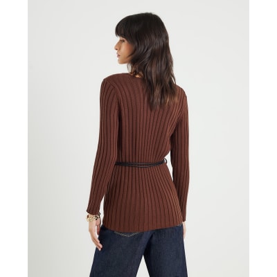 Brown Belted Ribbed Jumper