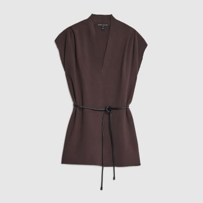 Brown Belted Sleeveless Cardigan