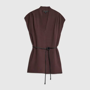 Brown Belted Sleeveless Cardigan