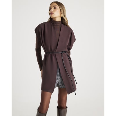 Brown Belted Sleeveless Cardigan
