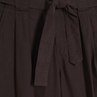 Brown Belted Wide Leg Poplin Trousers