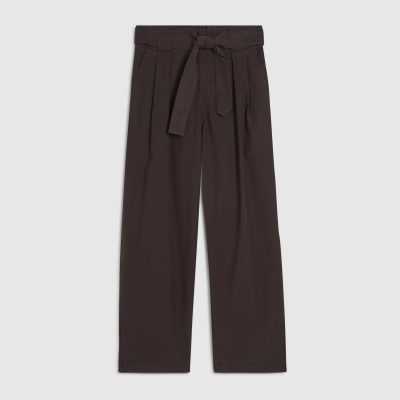 Brown Belted Wide Leg Poplin Trousers