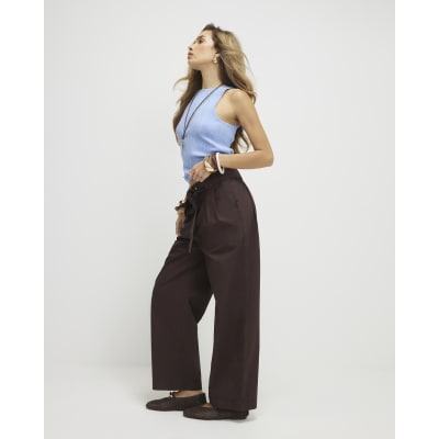Brown Belted Wide Leg Poplin Trousers