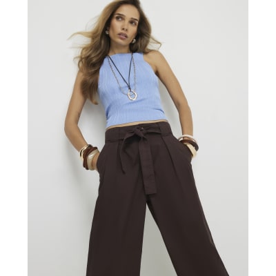 Brown Belted Wide Leg Poplin Trousers