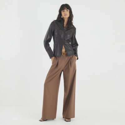 Brown Belted Wide Leg Trousers