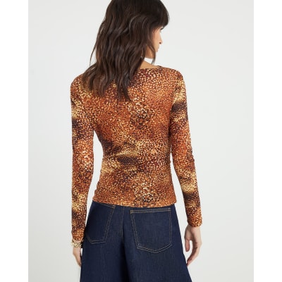 Brown Blurred Spot Print Mesh Long Sleeve Top