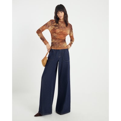 Brown Blurred Spot Print Mesh Long Sleeve Top