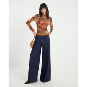 Brown Blurred Spot Print Mesh Long Sleeve Top