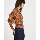 Brown Blurred Spot Print Mesh Long Sleeve Top