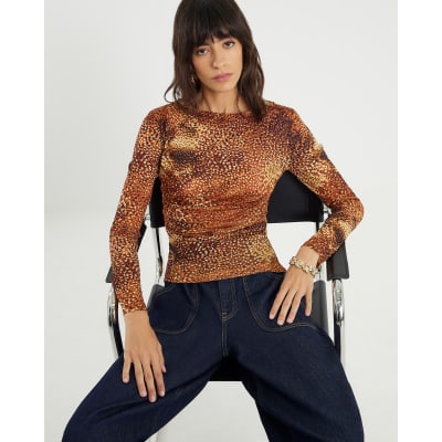 Brown Blurred Spot Print Mesh Long Sleeve Top