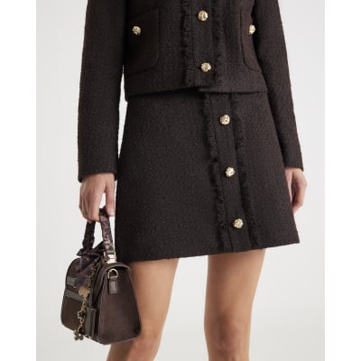 Brown Boucle Button Front Mini Skirt
