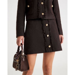 Brown Boucle Button Front Mini Skirt