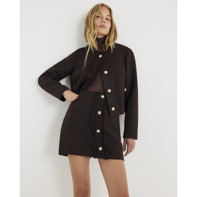 Brown Boucle Button Front Mini Skirt