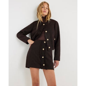 Brown Boucle Button Front Mini Skirt