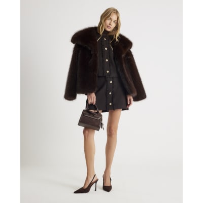 Brown Boucle Button Front Mini Skirt