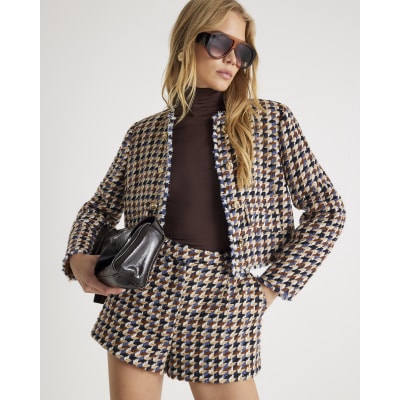 Brown Boucle Check Tailored Shorts