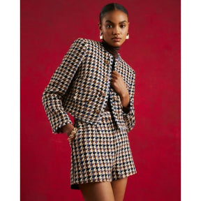 Brown Boucle Check Tailored Shorts