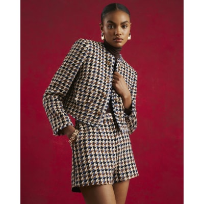 Brown Boucle Check Tailored Shorts