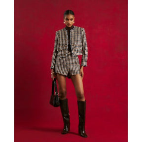 Brown Boucle Check Tailored Shorts