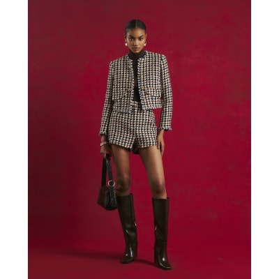 Brown Boucle Check Tailored Shorts