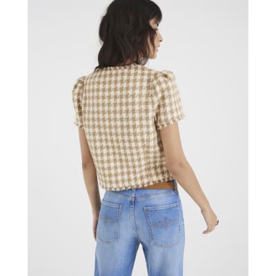 Brown Boucle Dogtooth Tailored Top