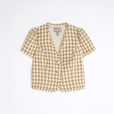 Brown Boucle Dogtooth Tailored Top