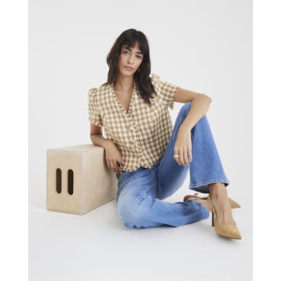 Brown Boucle Dogtooth Tailored Top