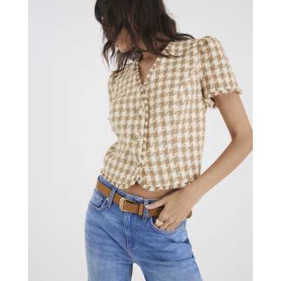 Brown Boucle Dogtooth Tailored Top