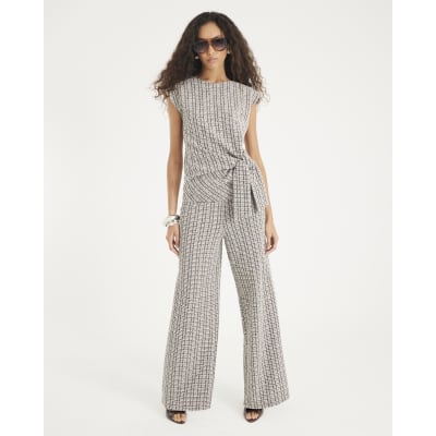 Brown Boucle Pull On Wide Leg Trousers