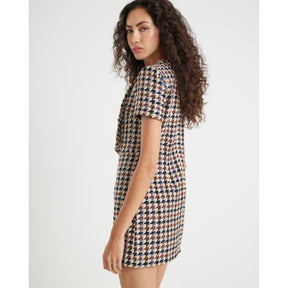 Brown Boucle Short Sleeve Check Mini Dress