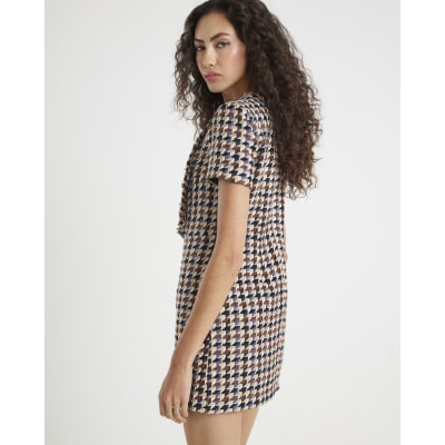 Brown Boucle Short Sleeve Check Mini Dress