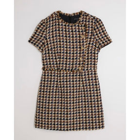 Brown Boucle Short Sleeve Check Mini Dress