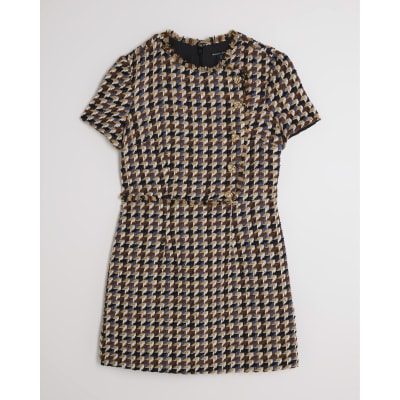 Brown Boucle Short Sleeve Check Mini Dress
