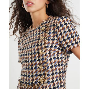 Brown Boucle Short Sleeve Check Mini Dress