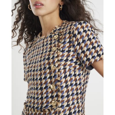 Brown Boucle Short Sleeve Check Mini Dress